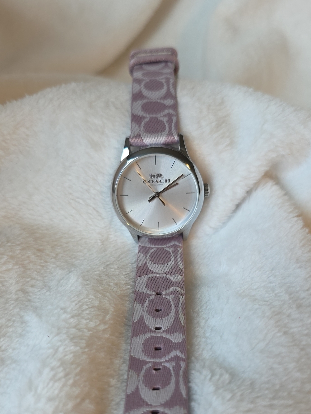 Coach Ruby Silver Dial Watch with Lavender Signature Fabric Strap 32MM